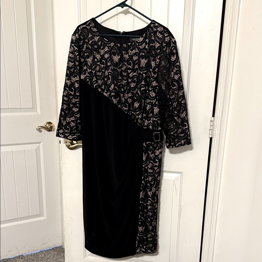 Plus Size Elegant stretch Black and Silver Asymmetrical Lace Dress w/sequins